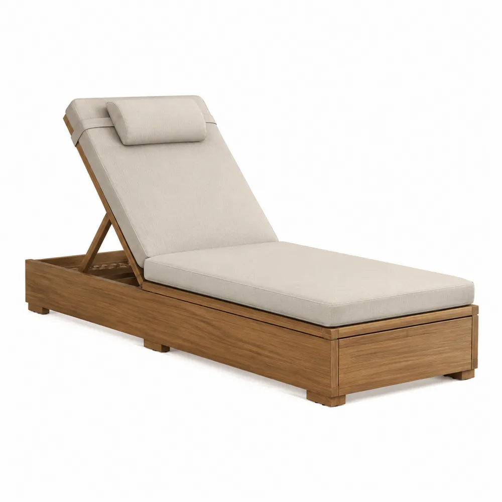 Chaise longue en bois avec coussin polyester beige