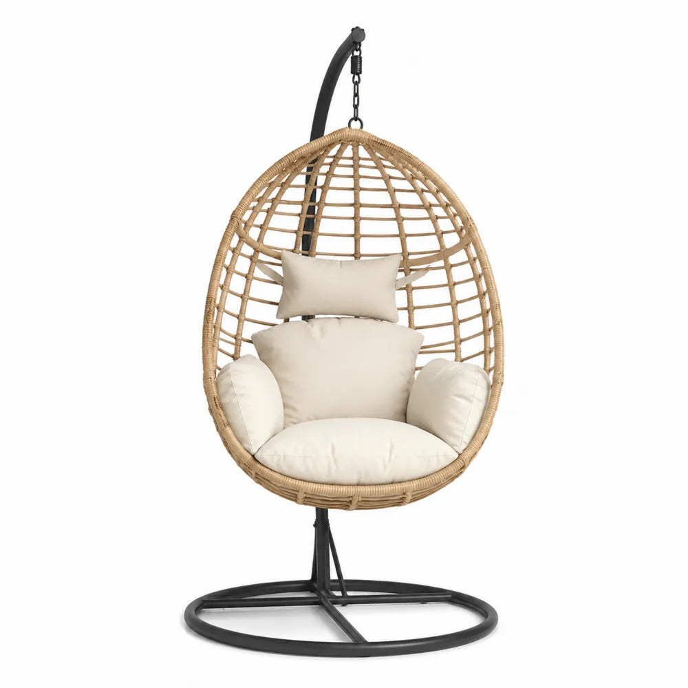 Chaise suspendue en rotin avec coussins en tissu beige