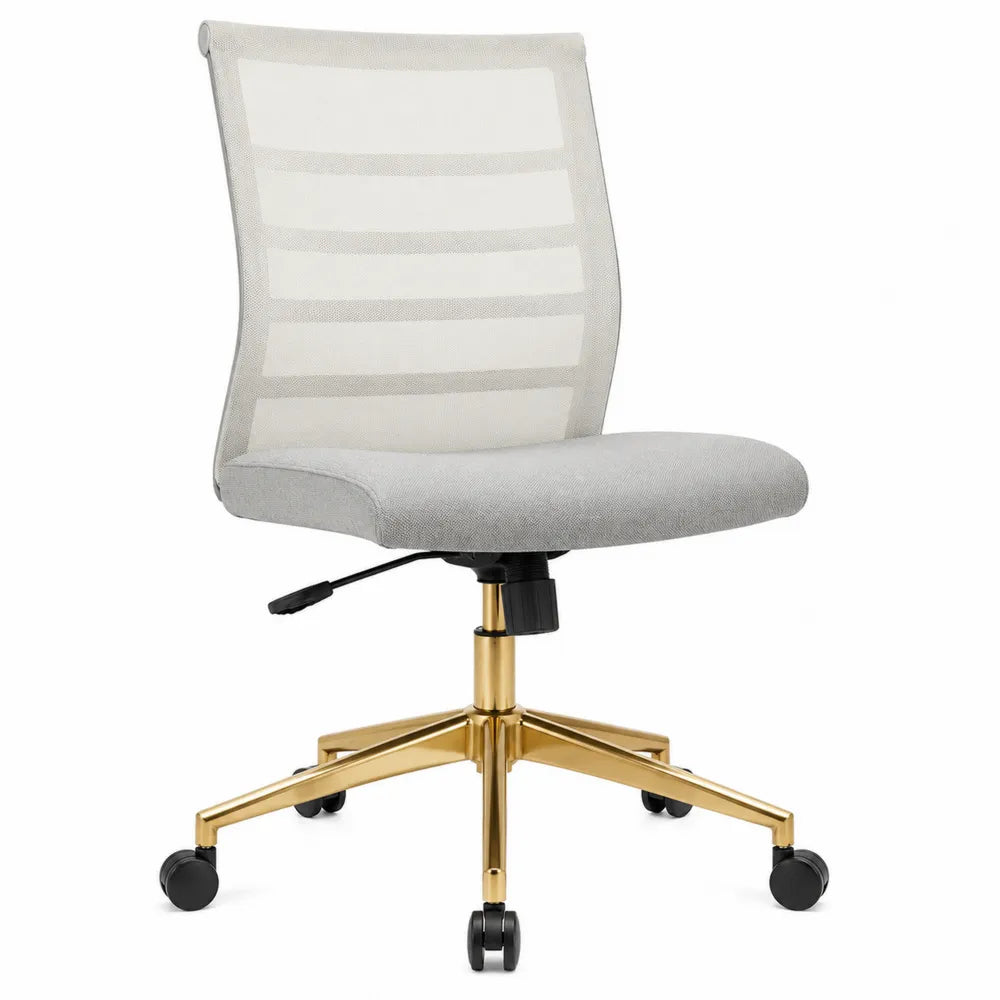 Chaise de bureau en tissu polyester blanc et gris avec cadre en métal doré