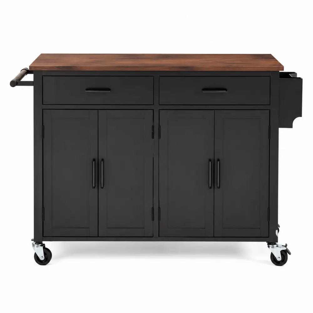Chariot de Cuisine en Métal Noir avec Plateau en Bois d'Acacia